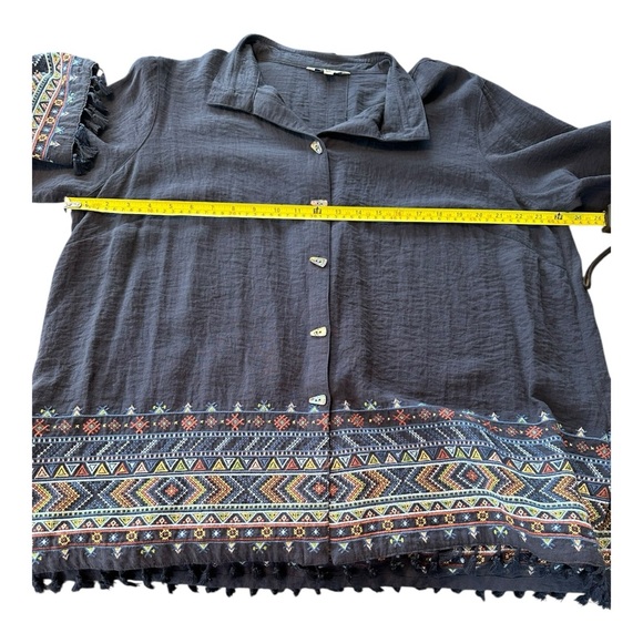 John Mark Embroidered Tassel Hem Button Front Blouse Navy 0X Plus Sz Boho Aztec - Picture 7 of 16